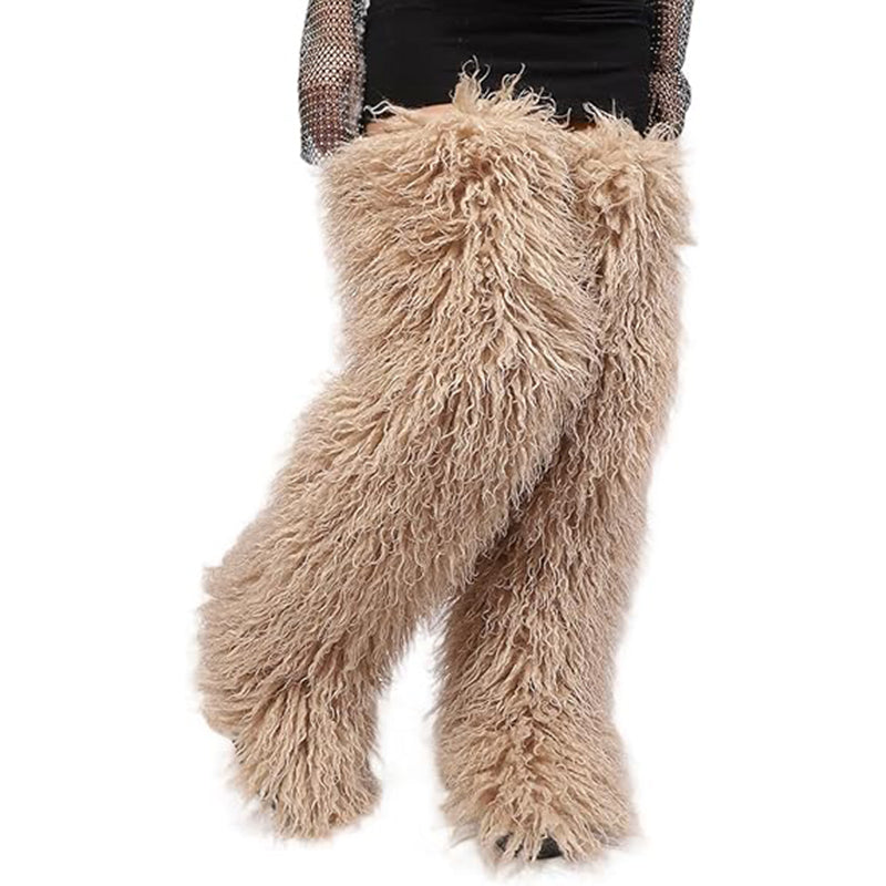 khaki Women's faux fur over the knee high snow boots