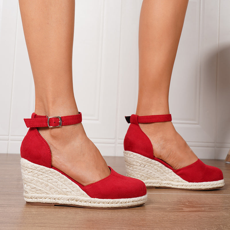 Vibrant Espadrille Wedge Sandals for Women - Faux Suede Ankle Strap for Summer Style