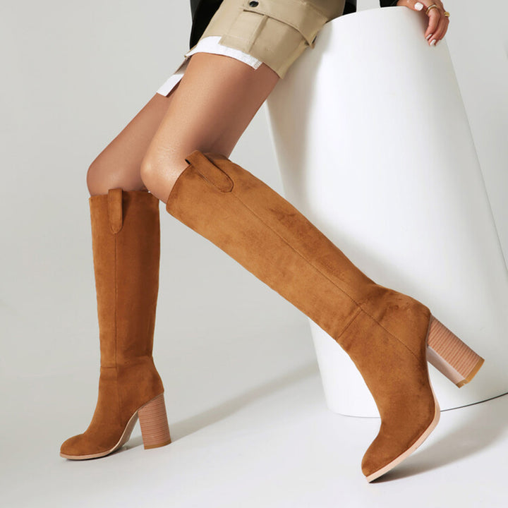 brown Women's faux suede high heels knee high boots