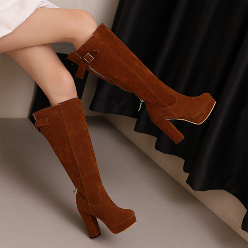 brown Women's faux suede knee high platform boots for winter