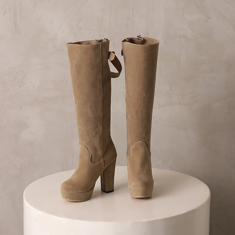 khaki Women's faux suede knee high platform boots for winter