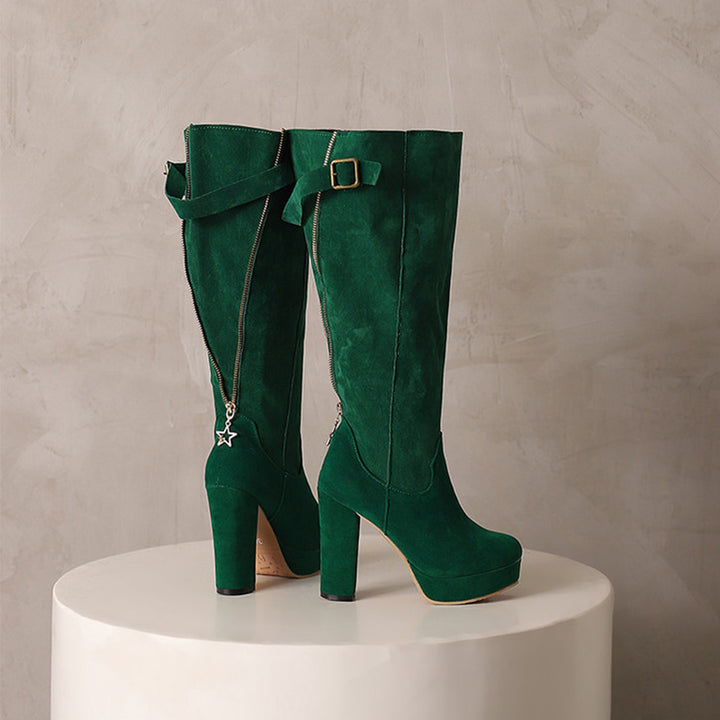 green Women's faux suede knee high platform boots for winter