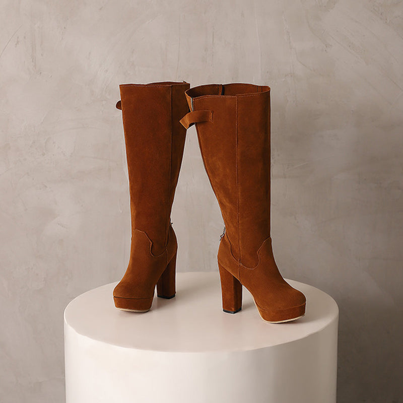 brown Women's faux suede knee high platform boots for winter