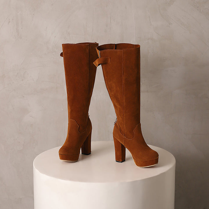brown Women's faux suede knee high platform boots for winter