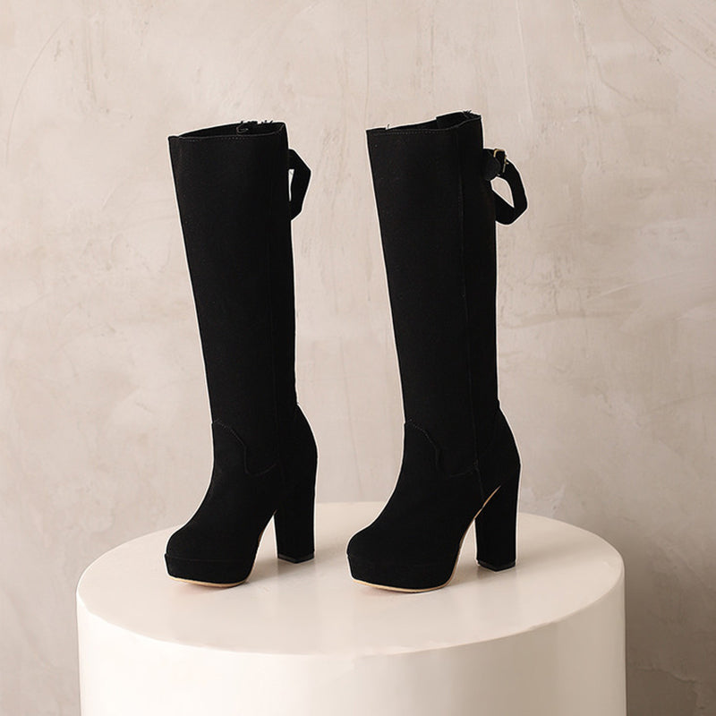 black Women's faux suede knee high platform boots for winter