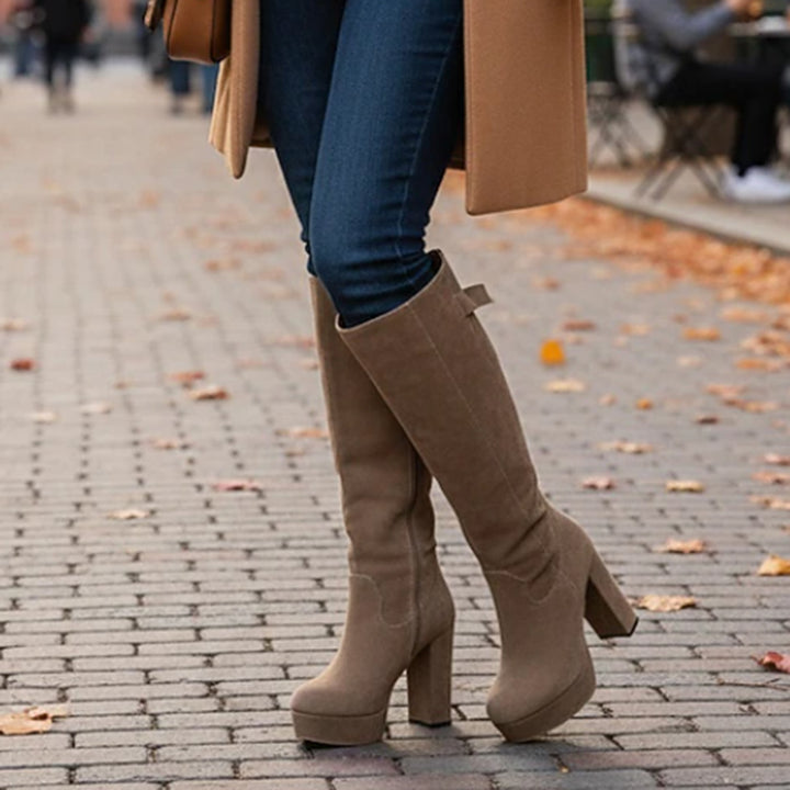 khaki Women's faux suede knee high platform boots for winter