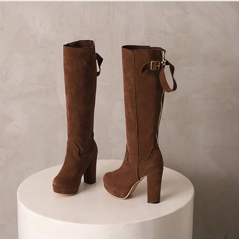 coffee Women's faux suede knee high platform boots for winter