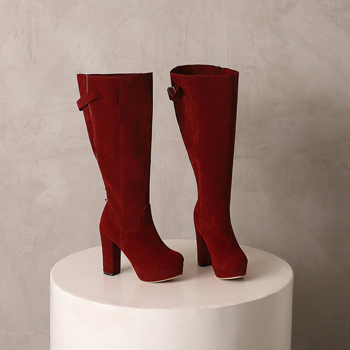 burgundy Women's faux suede knee high platform boots for winter