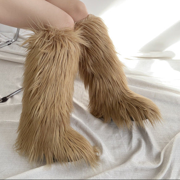 Women's flat faux fur fuzzy knee high boots snow boots for Christmas