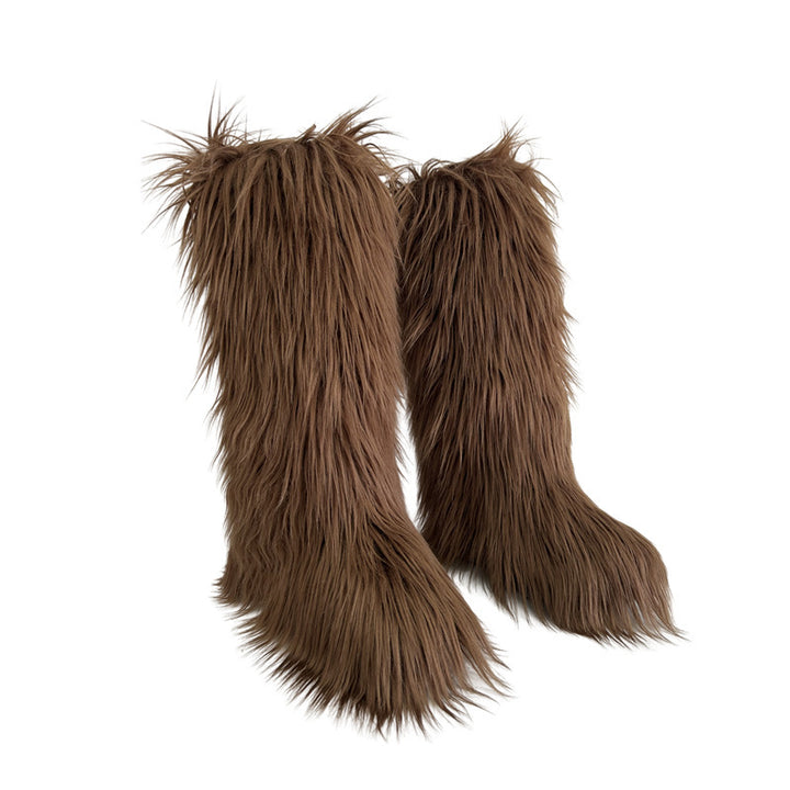 brown Women's flat faux fur fuzzy knee high boots snow boots for Christmas