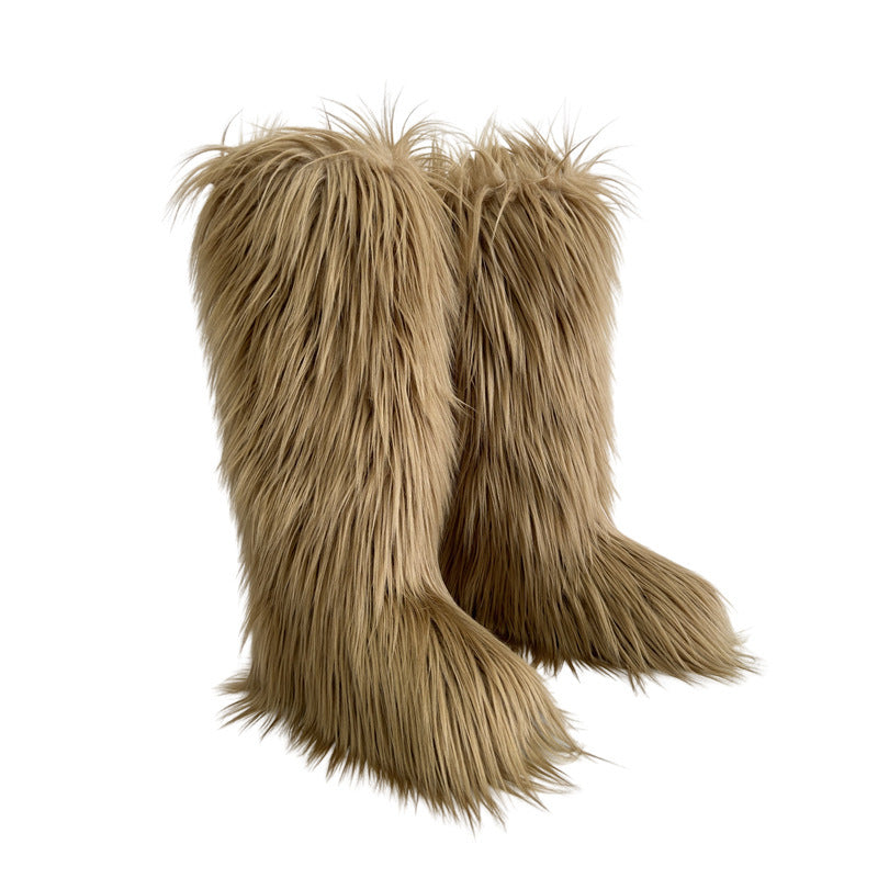 camel Women's flat faux fur fuzzy knee high boots snow boots for Christmas