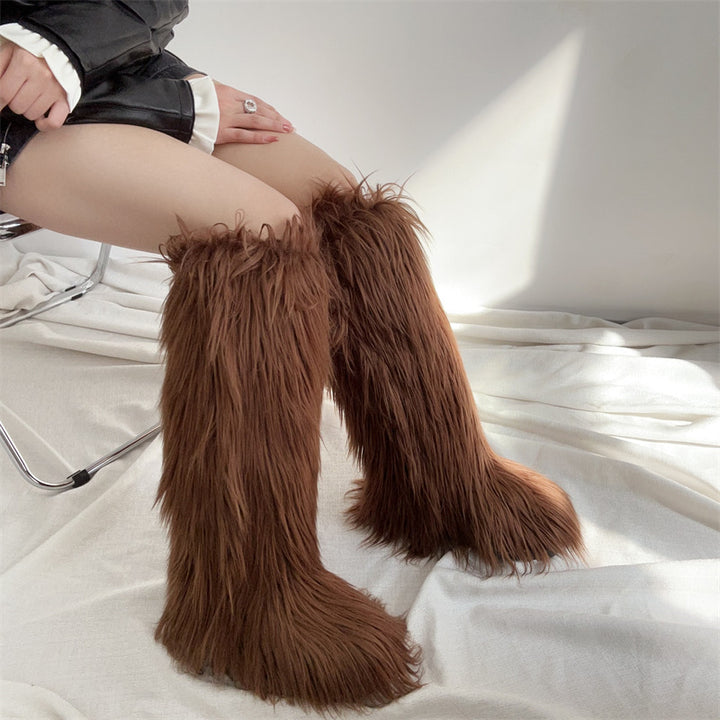 Women's flat faux fur fuzzy knee high boots snow boots for Christmas