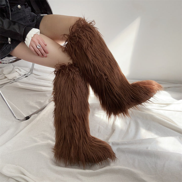 brown Women's flat faux fur fuzzy knee high boots snow boots for Christmas