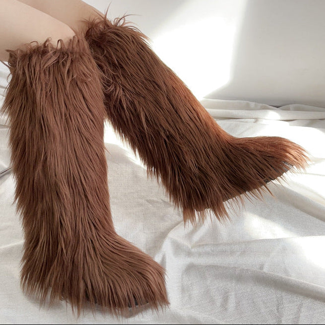brown Women's flat faux fur fuzzy knee high boots snow boots for Christmas