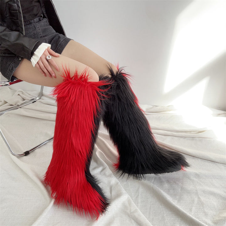 Women's flat faux fur knee high boots colorful boots for Christmas