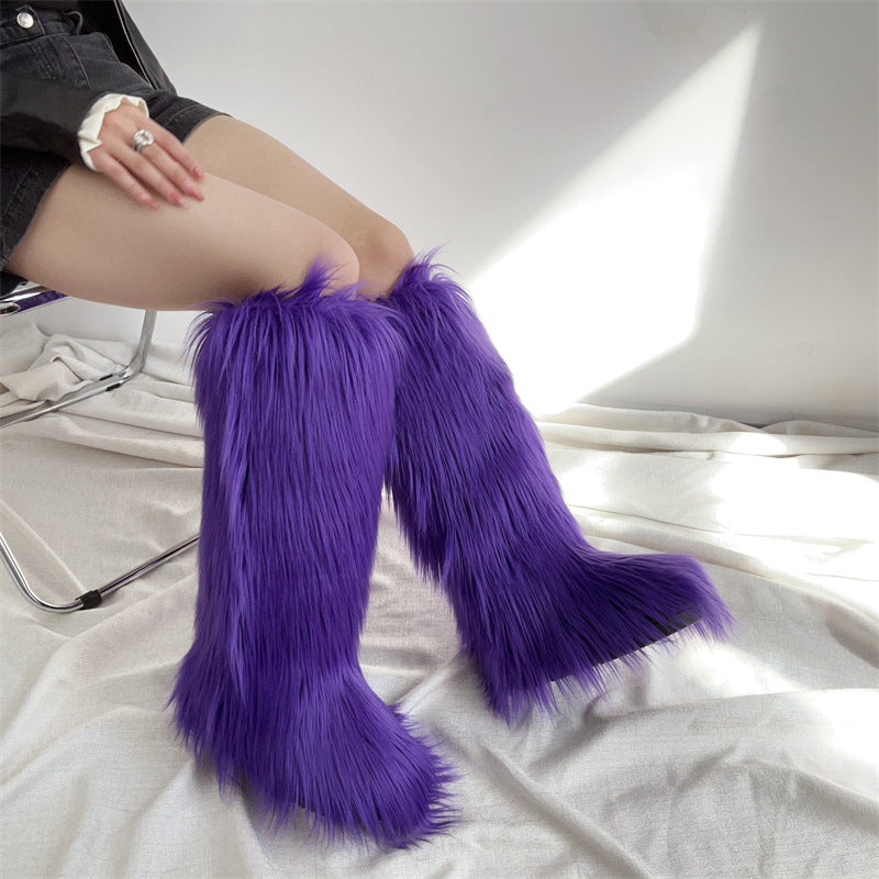 Women's flat faux fur knee high boots colorful boots for Christmas