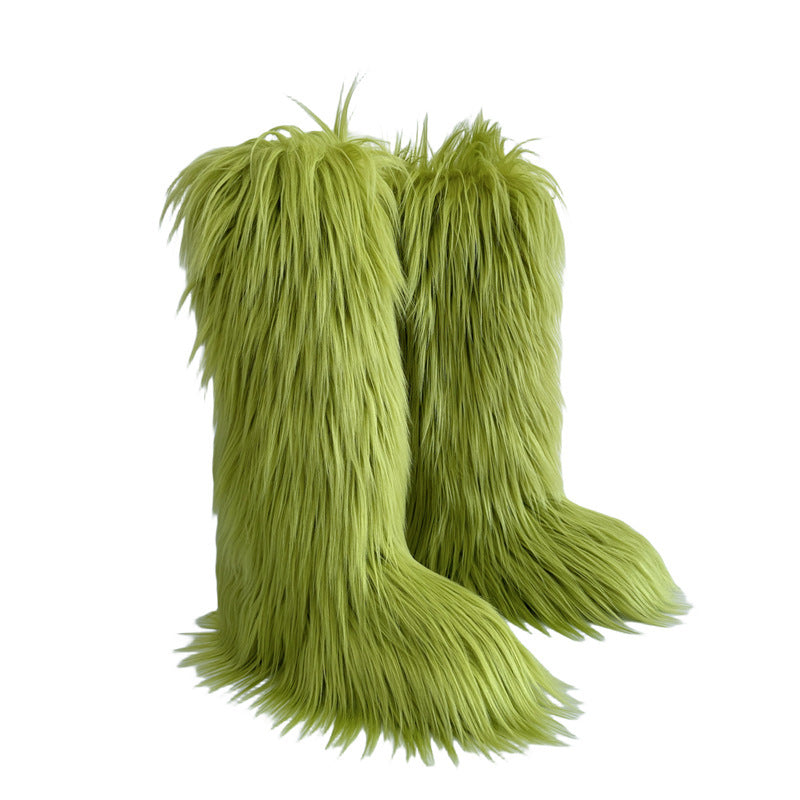 olive green Women's flat faux fur knee high boots colorful boots for Christmas