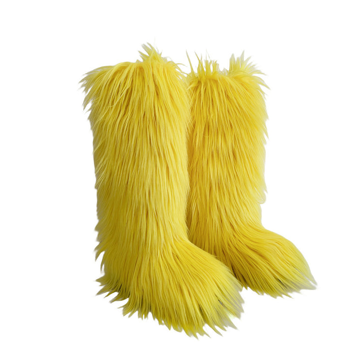 yellow Women's flat faux fur knee high boots colorful boots for Christmas