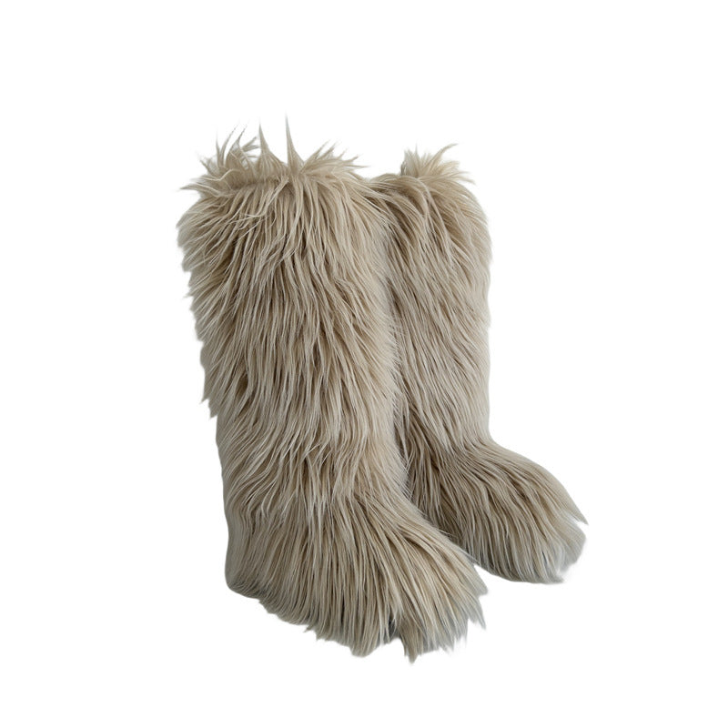 khaki Women's flat faux fur knee high boots colorful boots for Christmas