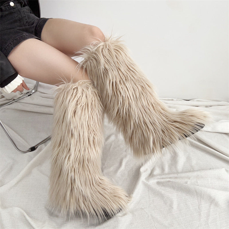 Women's flat faux fur knee high boots colorful boots for Christmas