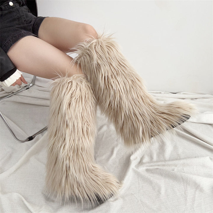 Women's flat faux fur knee high boots colorful boots for Christmas