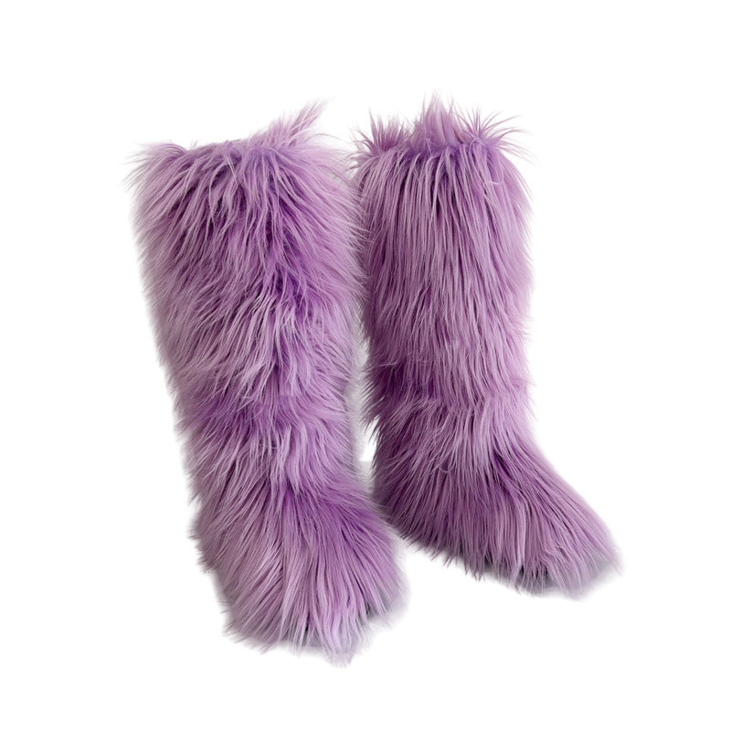 purple Women's flat faux fur knee high boots colorful boots for Christmas