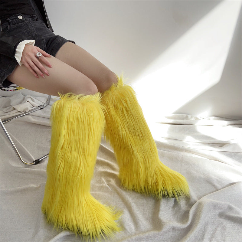 Women's flat faux fur knee high boots colorful boots for Christmas