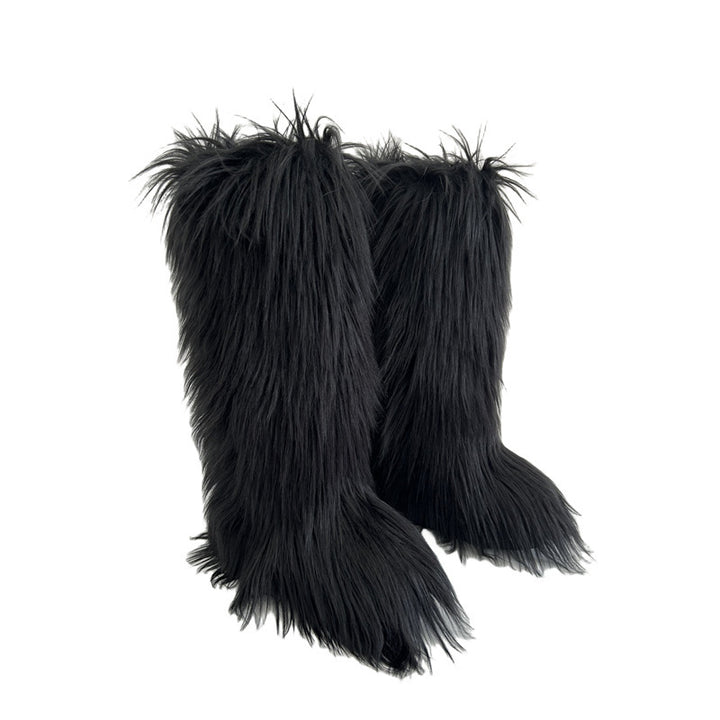 black Women's flat faux fur knee high boots colorful boots for Christmas