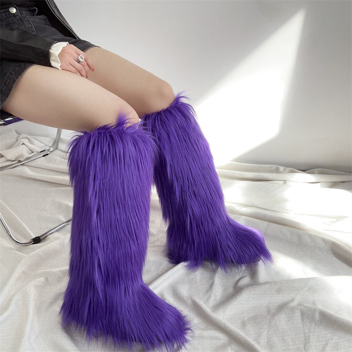 dark purple Women's flat faux fur knee high boots colorful boots for Christmas