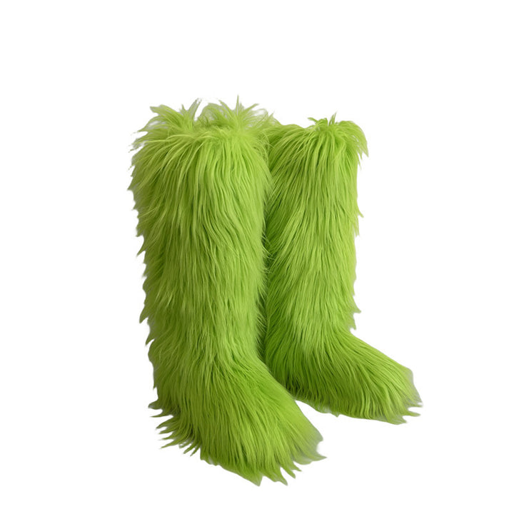 neon green Women's flat faux fur knee high boots colorful boots for Christmas