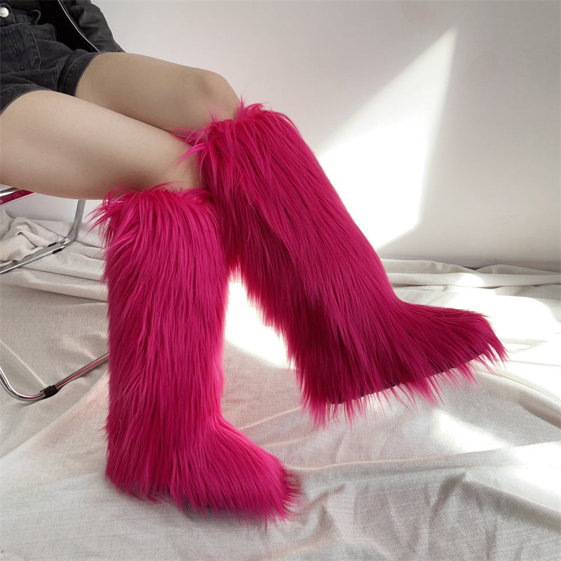 Women's flat faux fur knee high boots colorful boots for Christmas