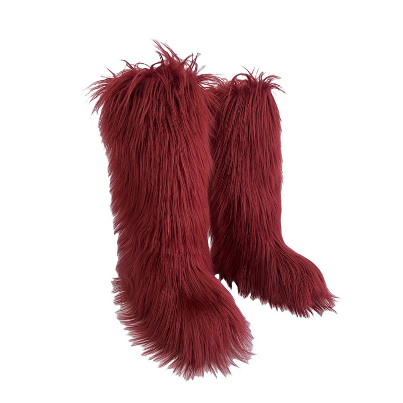 burgundy Women's flat faux fur knee high boots colorful boots for Christmas