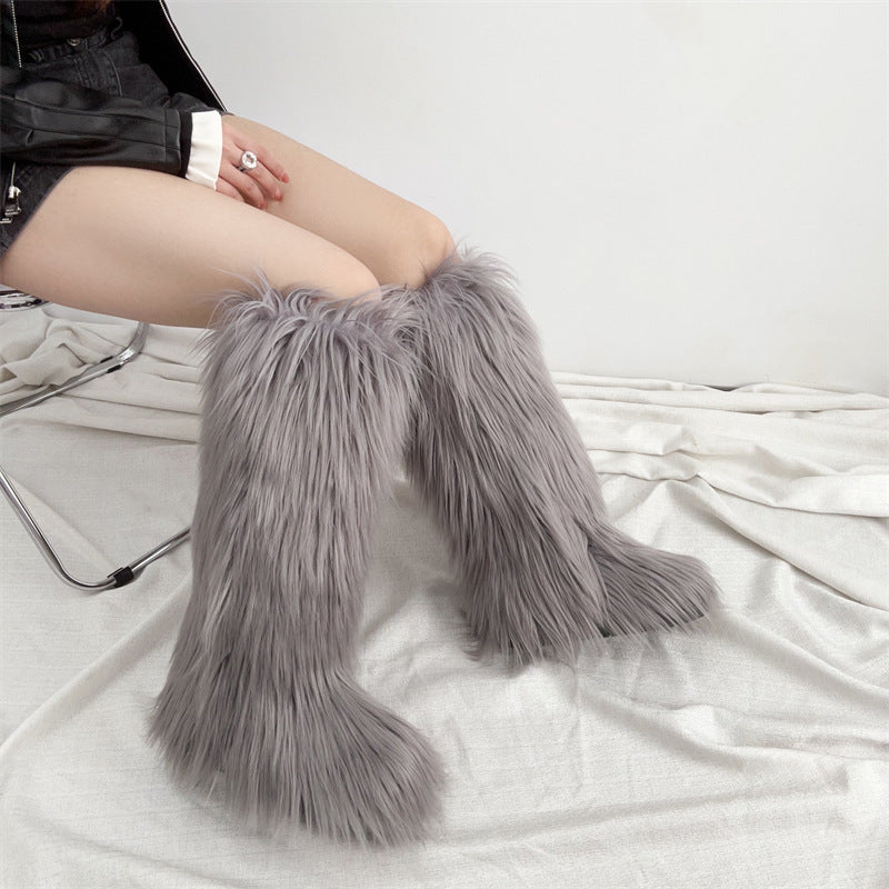 Women's flat faux fur knee high boots colorful boots for Christmas