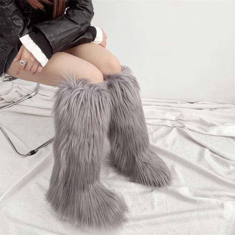 gray Women's flat faux fur knee high boots colorful boots for Christmas