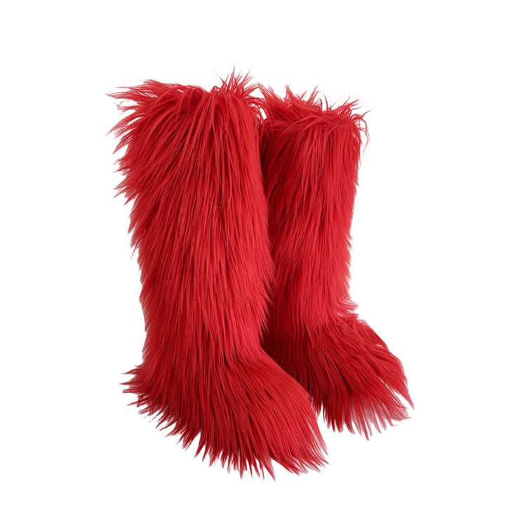 red Women's flat faux fur knee high boots colorful boots for Christmas