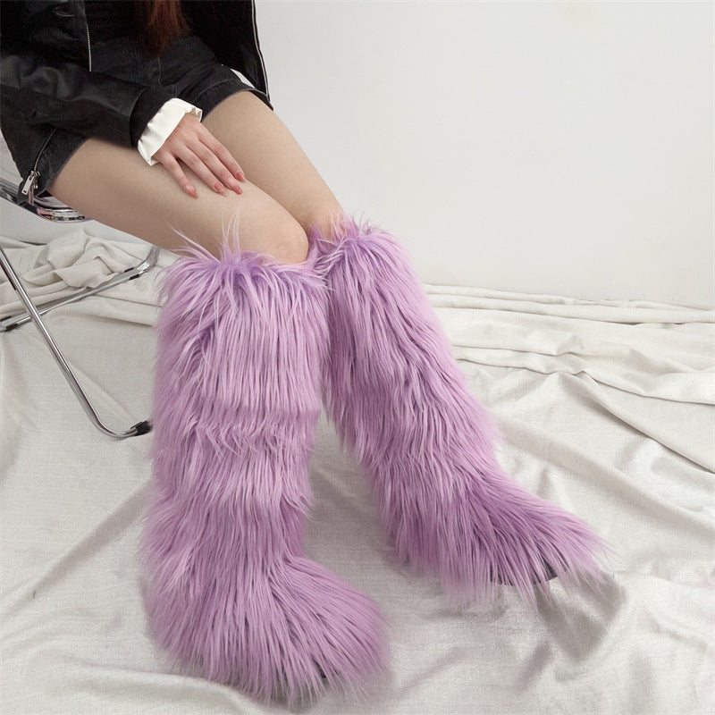 Women's flat faux fur knee high boots colorful boots for Christmas