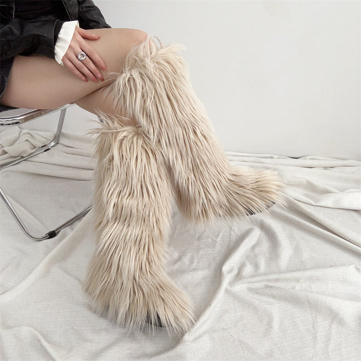 khaki Women's flat faux fur knee high boots colorful boots for Christmas