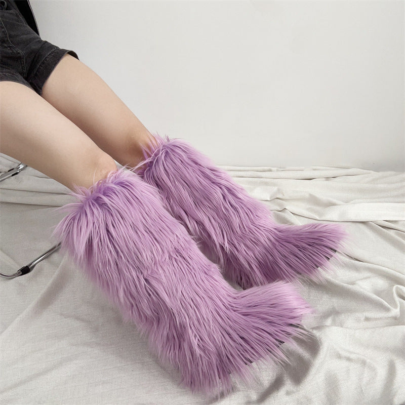 purple Women's flat faux fur knee high boots colorful boots for Christmas