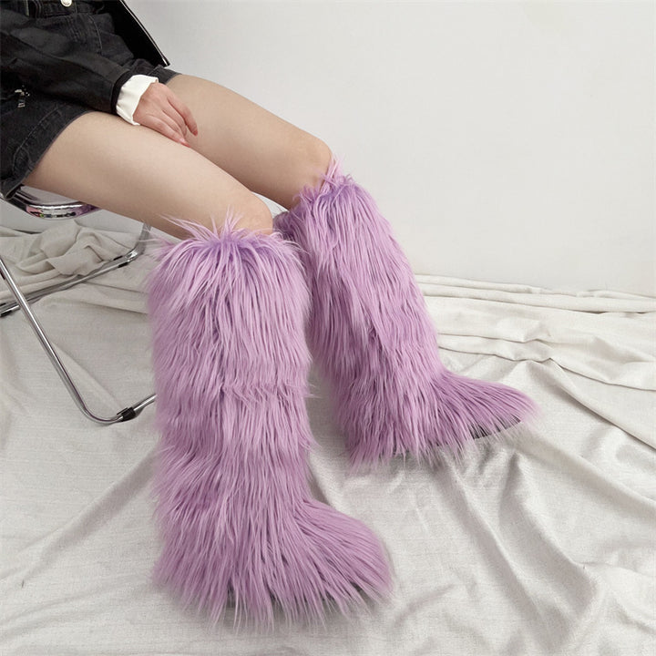 purple Women's flat faux fur knee high boots colorful boots for Christmas