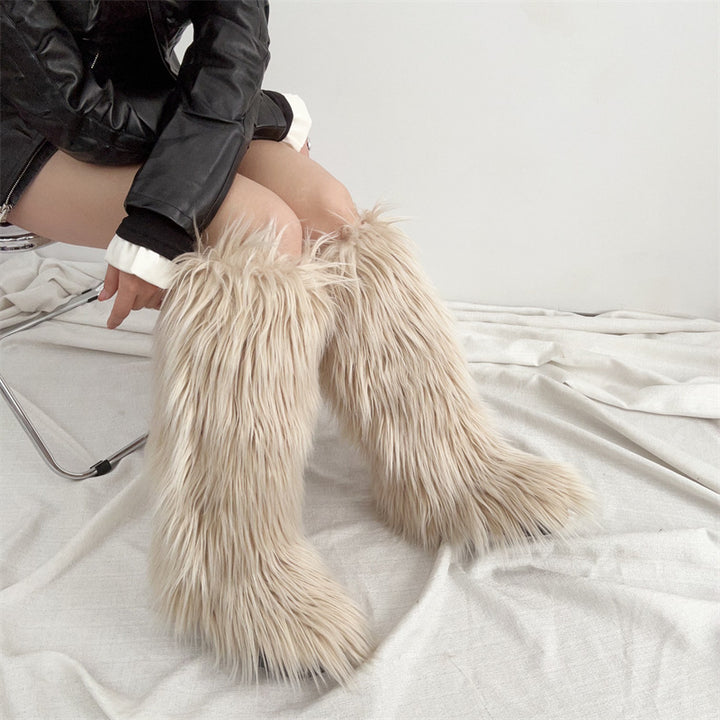 khaki Women's flat faux fur knee high boots colorful boots for Christmas