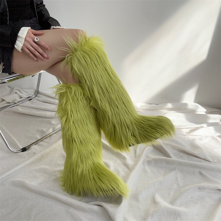 Women's flat faux fur knee high boots colorful boots for Christmas