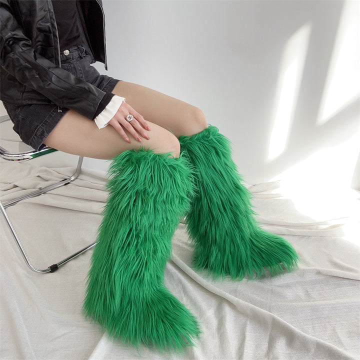 Women's flat faux fur knee high boots colorful boots for Christmas