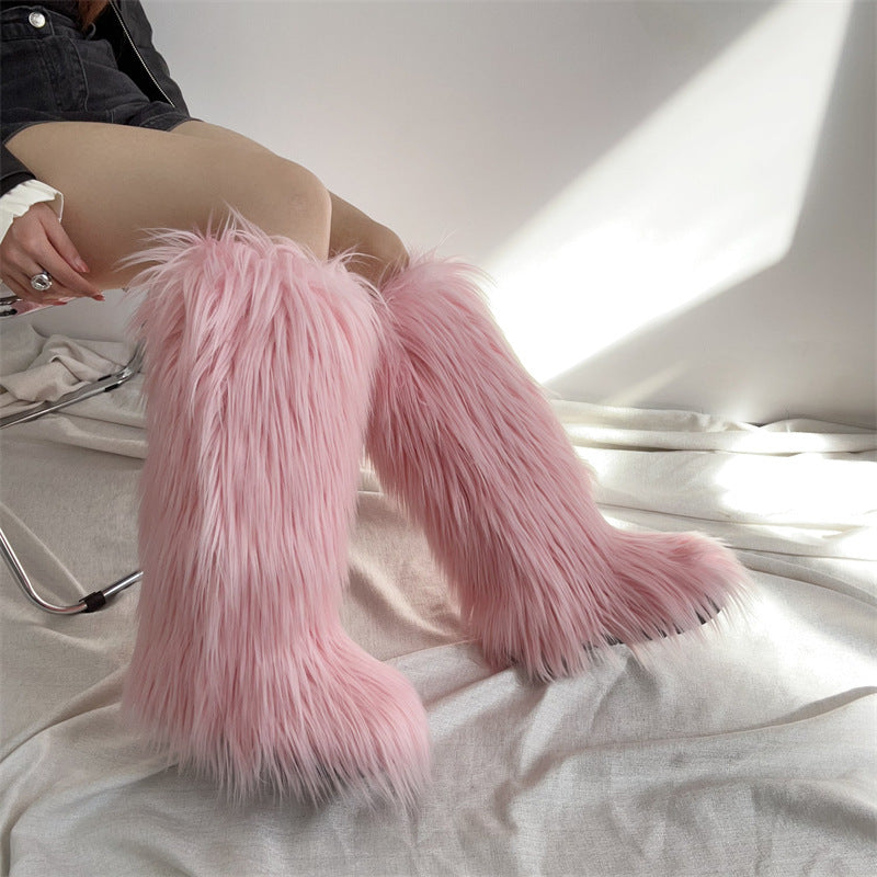 Women's flat faux fur knee high boots colorful boots for Christmas