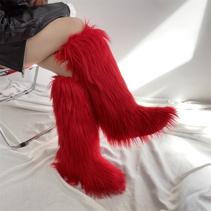red Women's flat faux fur knee high boots colorful boots for Christmas