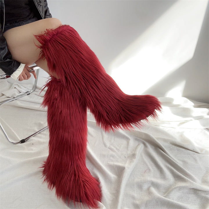 Women's flat faux fur knee high boots colorful boots for Christmas