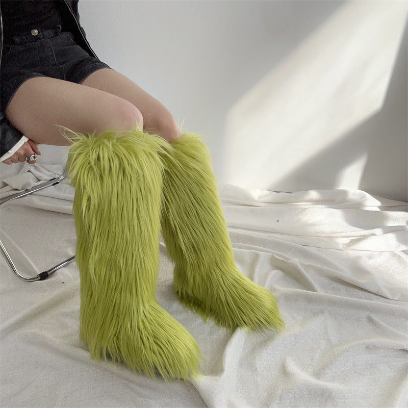 olive green Women's flat faux fur knee high boots colorful boots for Christmas
