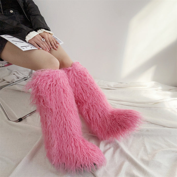 pink Women's flat faux fur knee high boots colorful boots for Christmas