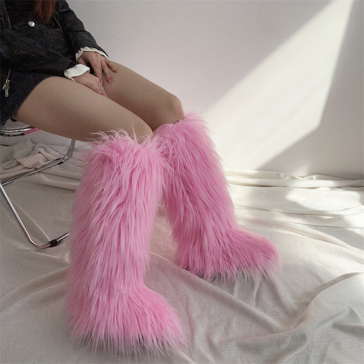Women's flat faux fur knee high boots colorful boots for Christmas