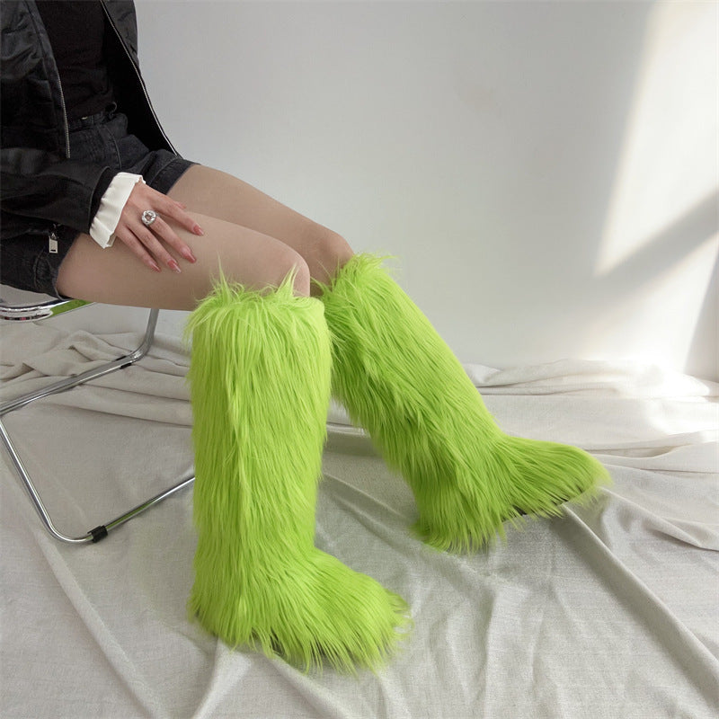 Women's flat faux fur knee high boots colorful boots for Christmas