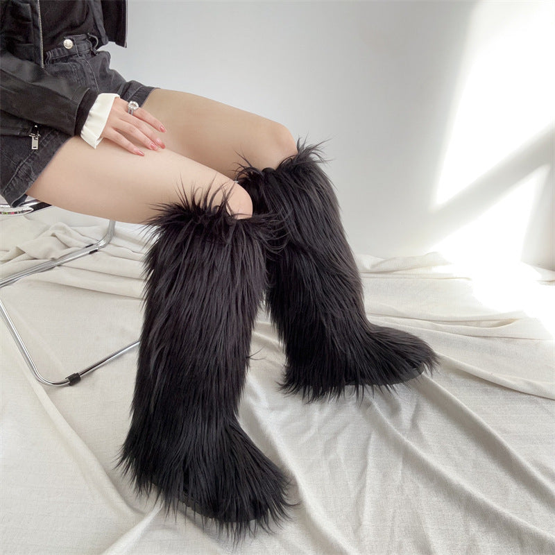 Women's flat faux fur knee high boots colorful boots for Christmas